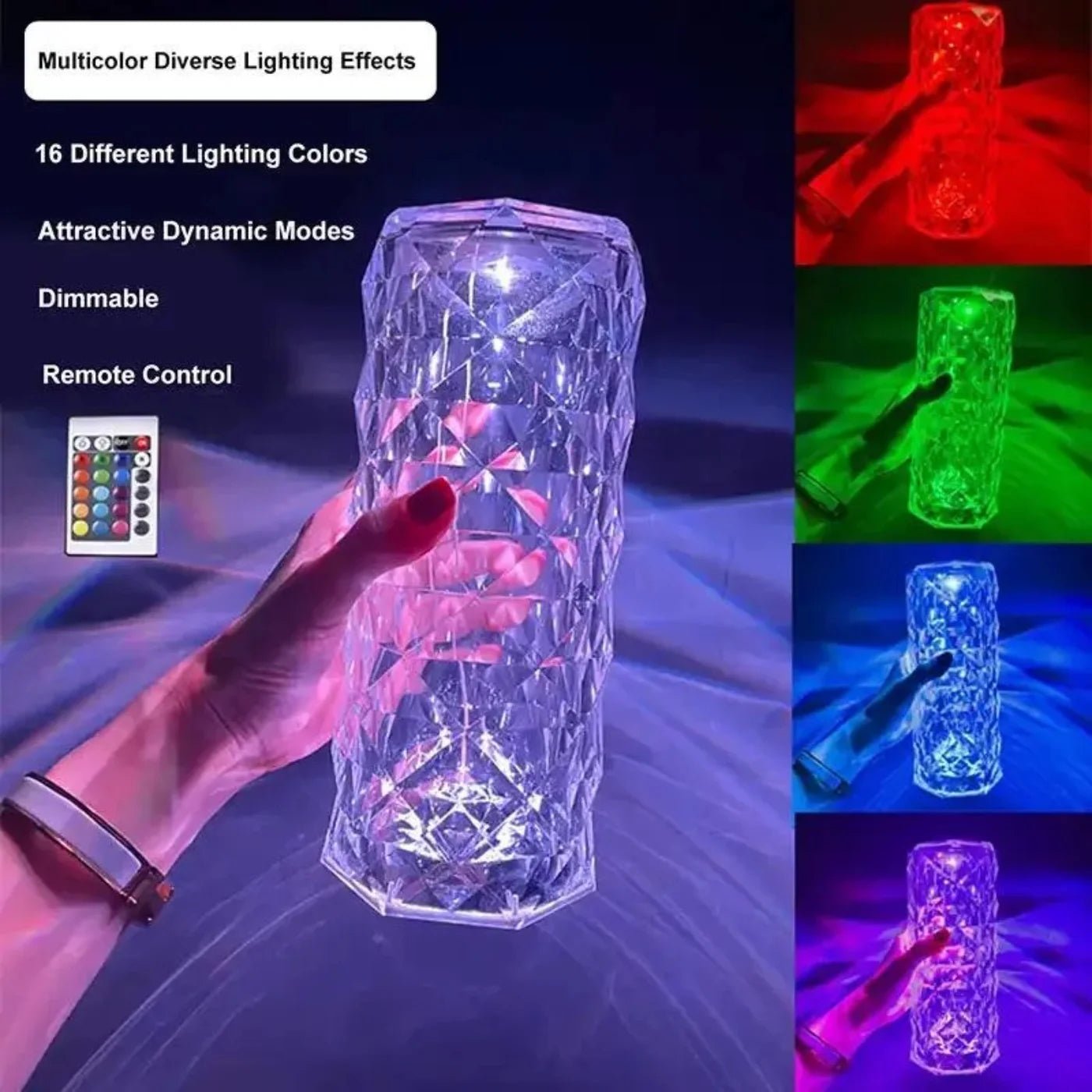 16 Colors Diamond Rose Crystal Touch Lamp | USB Rechargeable Bedside Lamp with Remote - jnty.pk
