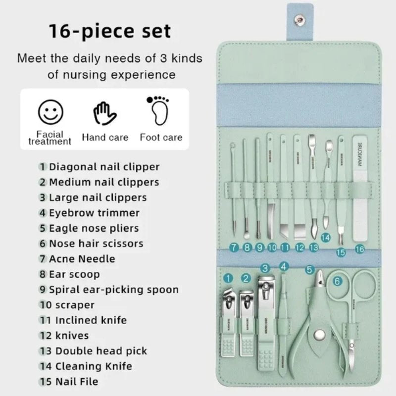 16 Pcs Stainless Steel Manicure & Pedicure Set | Travel Grooming Kit with Leather Case - jnty.pk