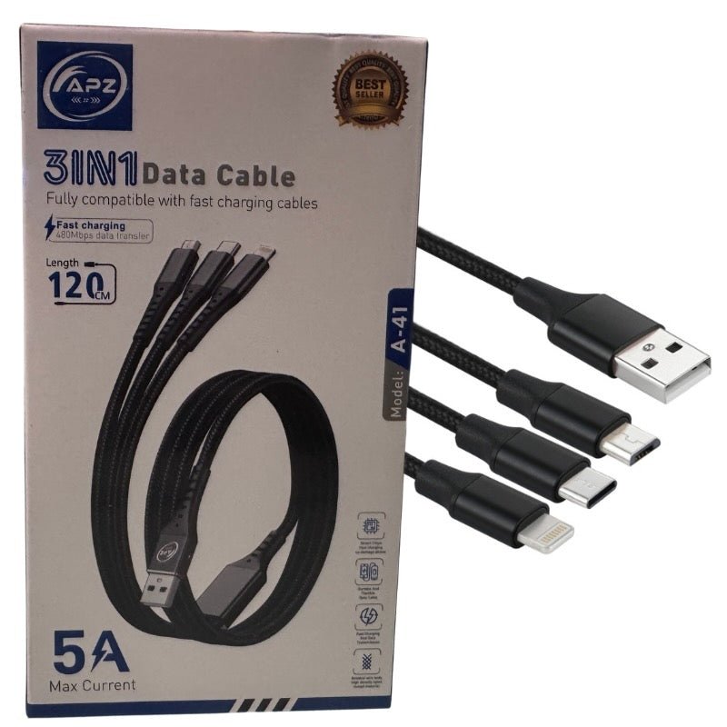 3 - in - 1 Fast Charging Cable 100W 480Mbps 120cm Type - C Micro Lightning Durable Design - jnty.pk