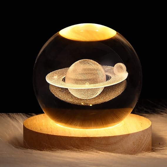 3D Galaxy Space Crystal Ball Night Light with Wooden LED Stand | USB Decorative Table Lamp | Random Designs - jnty.pk