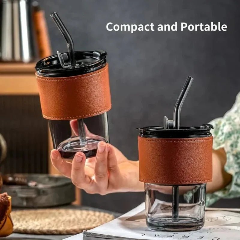 Bamboo Joint Glass Cup with Lid & Straw | 13oz Can - Shaped Tumbler with Leather Sleeve - jnty.pk