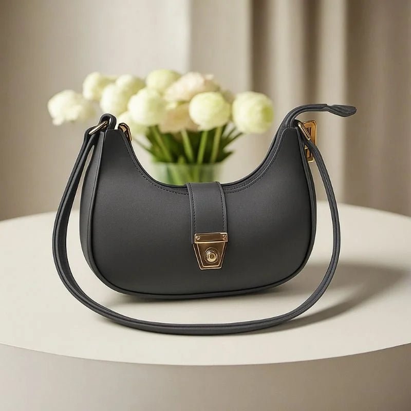 Crescent Luxury Faux Leather Shoulder Bag | Dark Gray Elegant Handbag for Women - jnty.pk