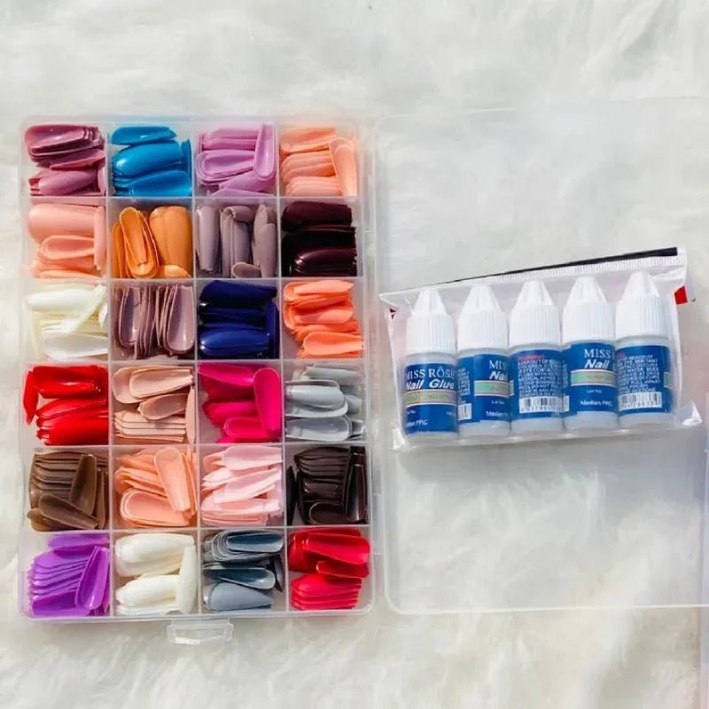 Multicolor Acrylic Artificial Nails Kit | Full Cover Nails with Glue | 24 Shades | 576 Pcs - jnty.pk