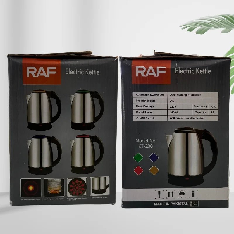 RAF KT - 200 Automatic Electric Kettle 2 Liter Stainless Steel Cordless 1500W with Overheat Protection - jnty.pk