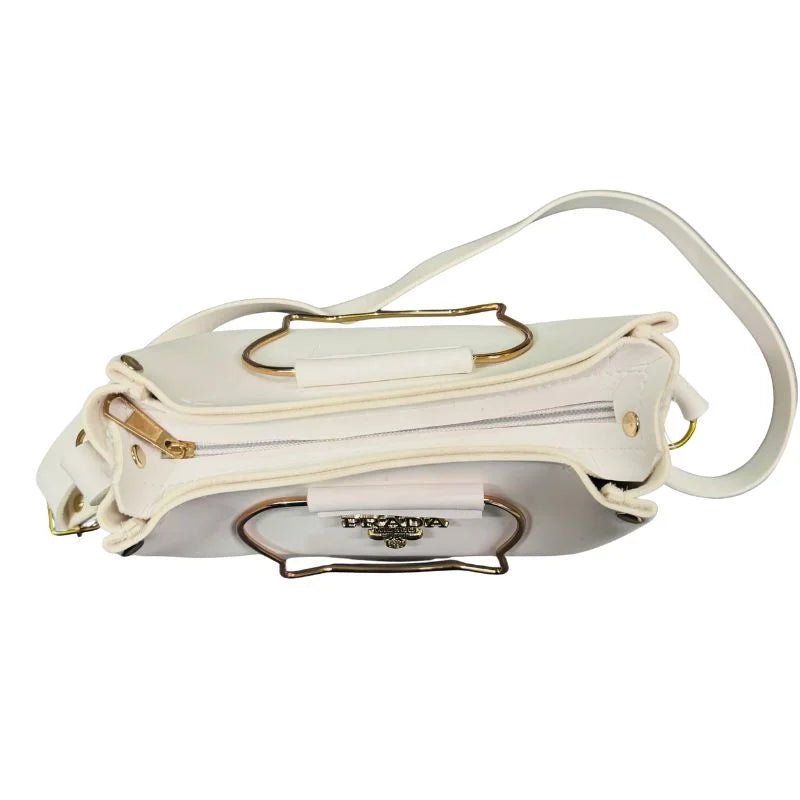 White Elegant Cat Handle Handbag for Girls & Ladies | Stylish Shoulder & Crossbody Bag with Gold Accents | Adjustable Strap - jnty.pk