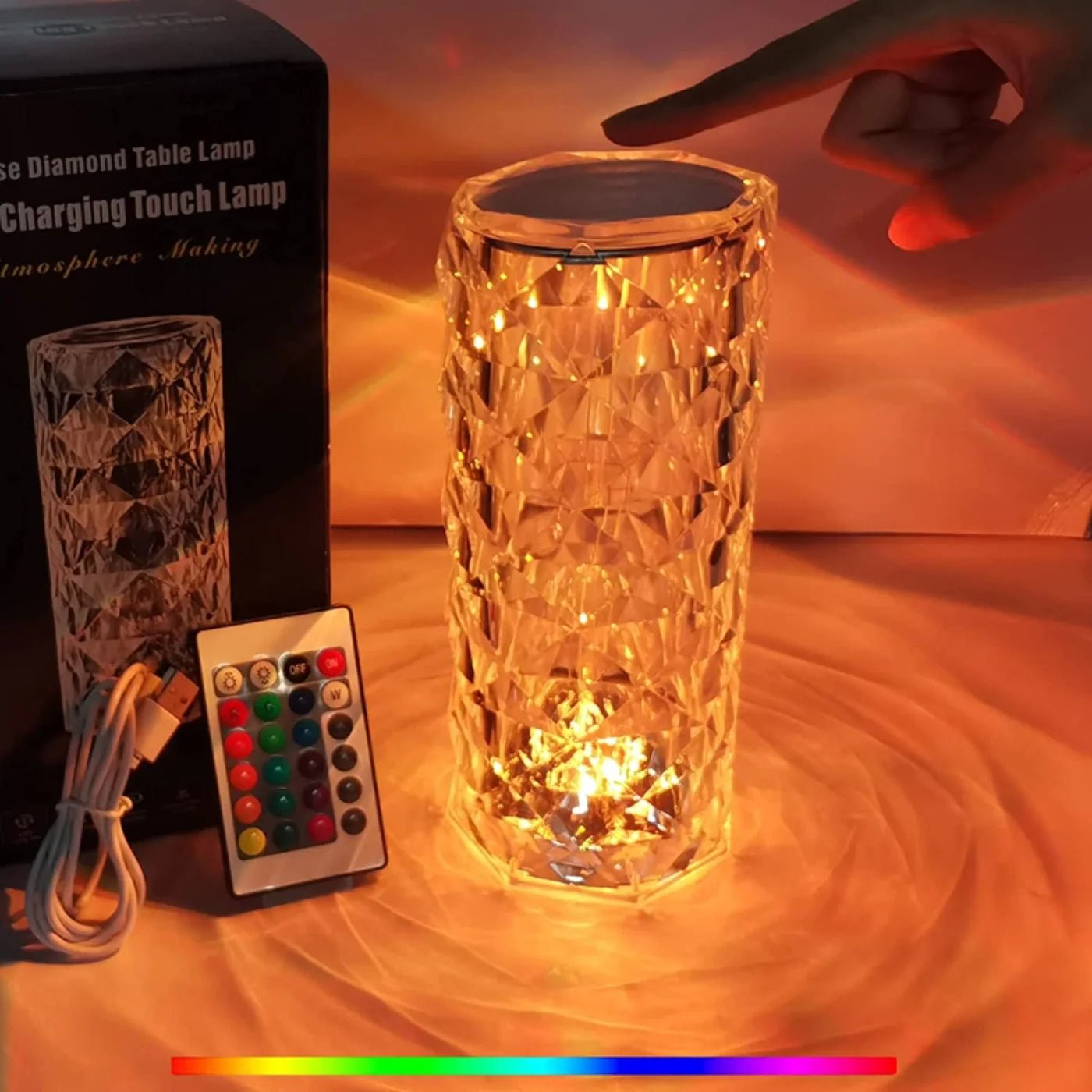 16 Colors Diamond Rose Crystal Touch Lamp | USB Rechargeable Bedside Lamp with Remote - jnty.pk