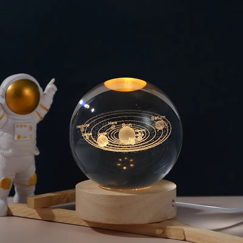 3D Galaxy Space Crystal Ball Night Light with Wooden LED Stand | USB Decorative Table Lamp | Random Designs - jnty.pk
