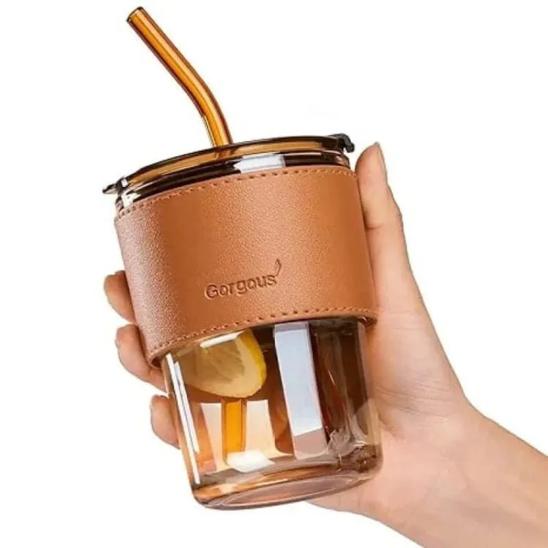 Bamboo Joint Glass Cup with Lid & Straw | 13oz Can - Shaped Tumbler with Leather Sleeve - jnty.pk