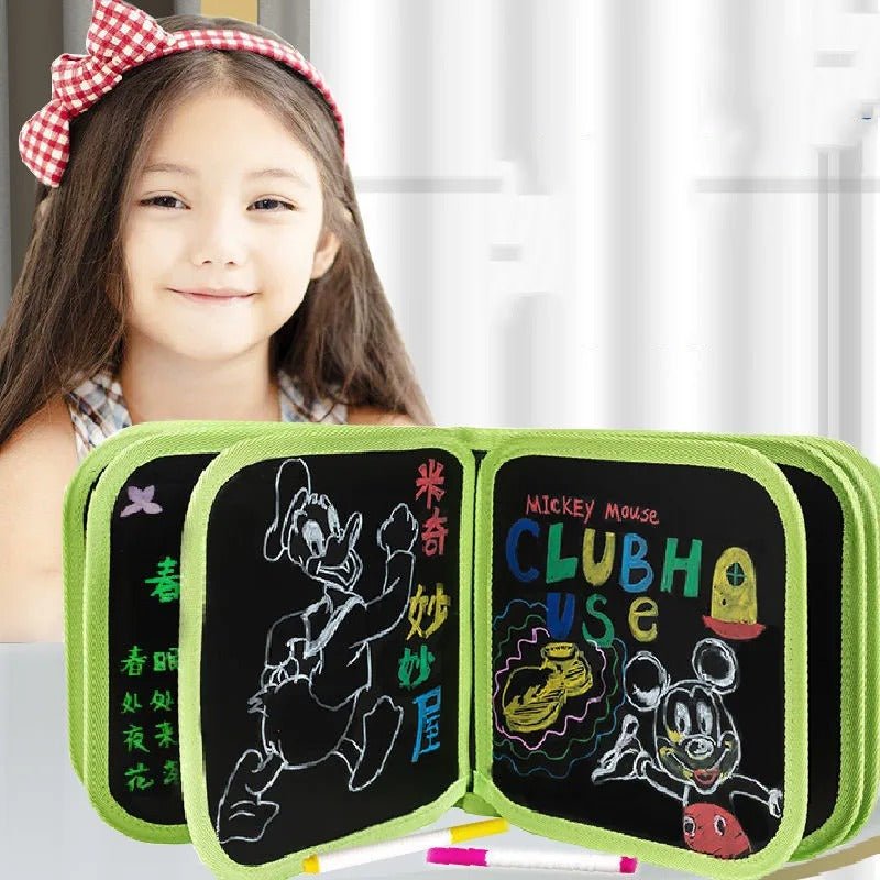Erasable & Reusable Doodle Magic Blackboard Book with 3 Color Markers – Kids Drawing & Learning Activity Book (Random Color) - jnty.pk