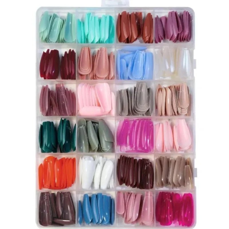 Multicolor Acrylic Artificial Nails Kit | Full Cover Nails with Glue | 24 Shades | 576 Pcs - jnty.pk