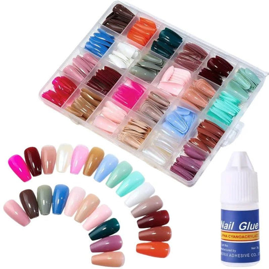 Multicolor Acrylic Artificial Nails Kit | Full Cover Nails with Glue | 24 Shades | 576 Pcs - jnty.pk