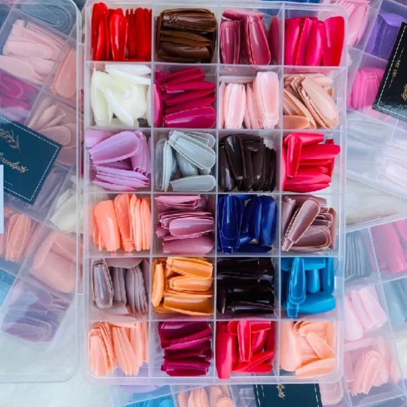 Multicolor Acrylic Artificial Nails Kit | Full Cover Nails with Glue | 24 Shades | 576 Pcs - jnty.pk