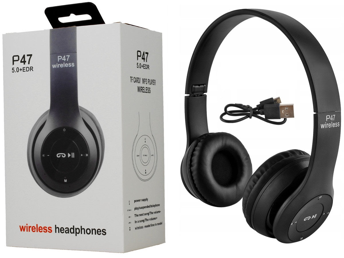 P47 Wireless Headphones | Bluetooth Foldable Headset | Stereo Sound | FM Radio & TF Card Support | Built - in Microphone - jnty.pk