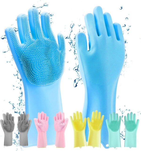 Reusable Silicone Washing Gloves with Built - In Scrubber for Kitchen Bathroom Car and Multipurpose Cleaning (Random Color) - jnty.pk