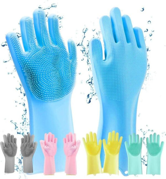 Reusable Silicone Washing Gloves with Built - In Scrubber for Kitchen Bathroom Car and Multipurpose Cleaning (Random Color) - jnty.pk